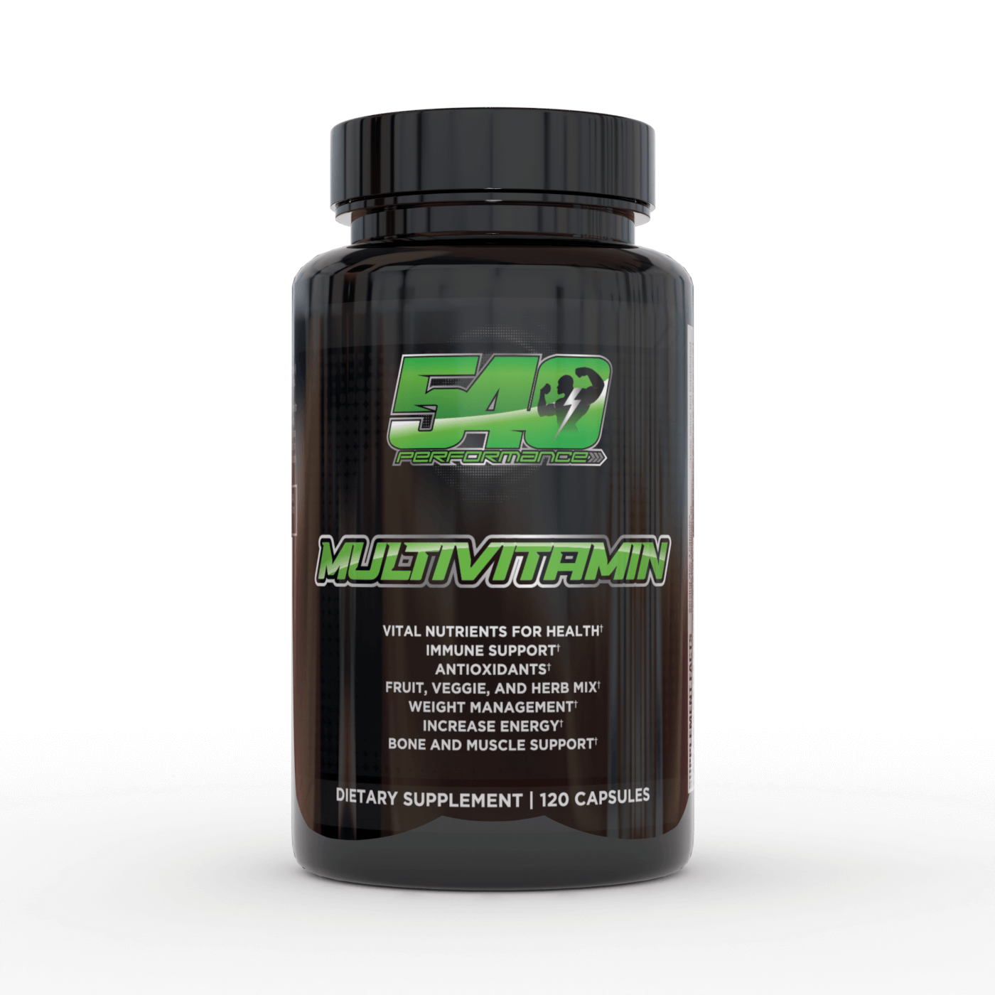 Black container with green text reading “540 Performance Multivitamin”