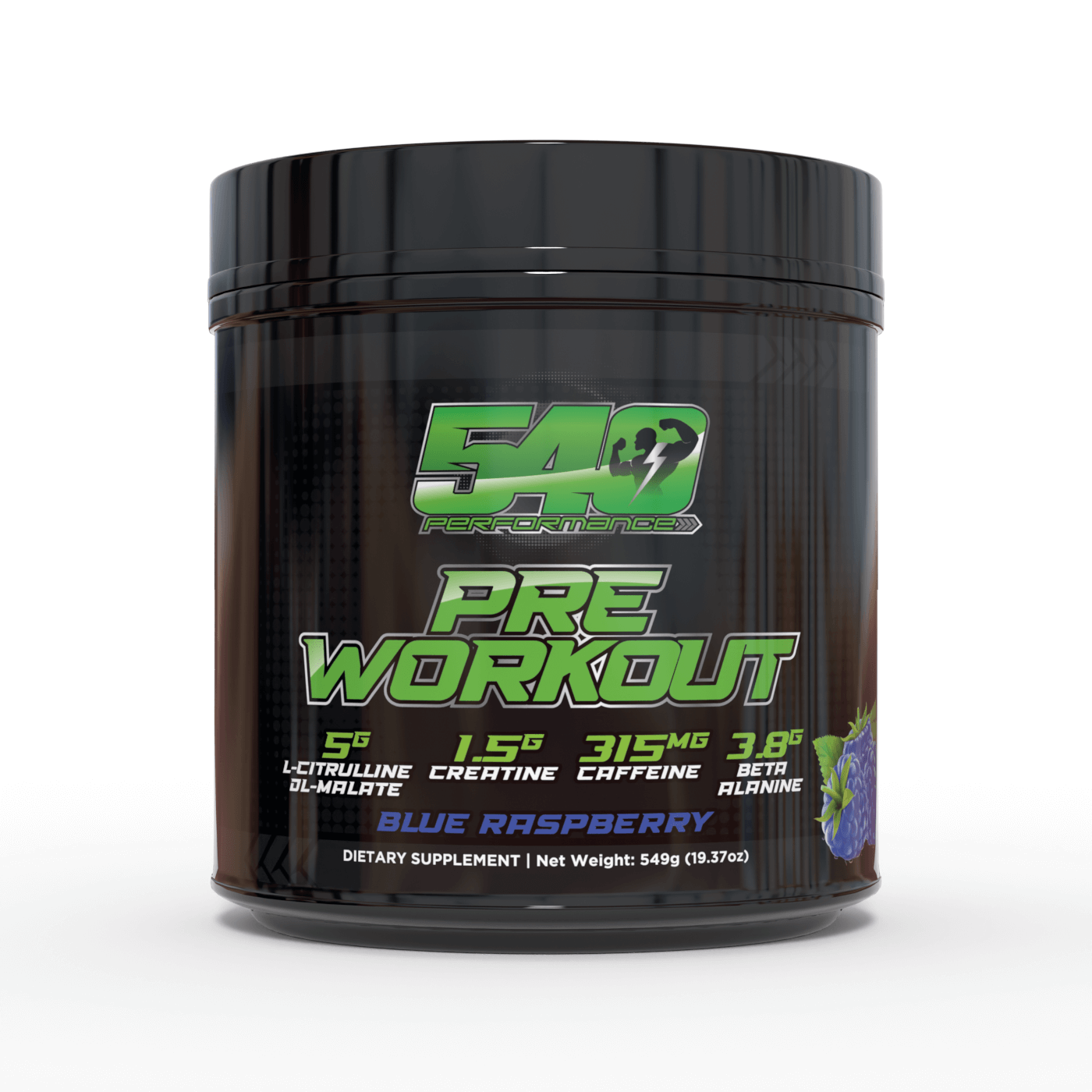 Black container reading “540 pre-workout” in green text