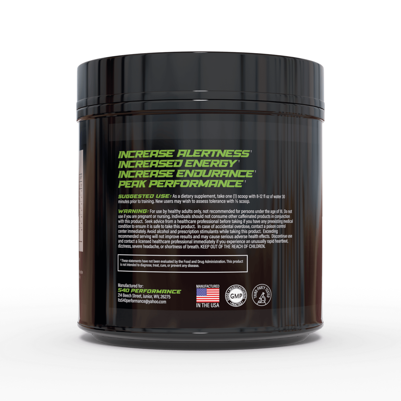  Black container “540 pre-workout” product, suggested use information