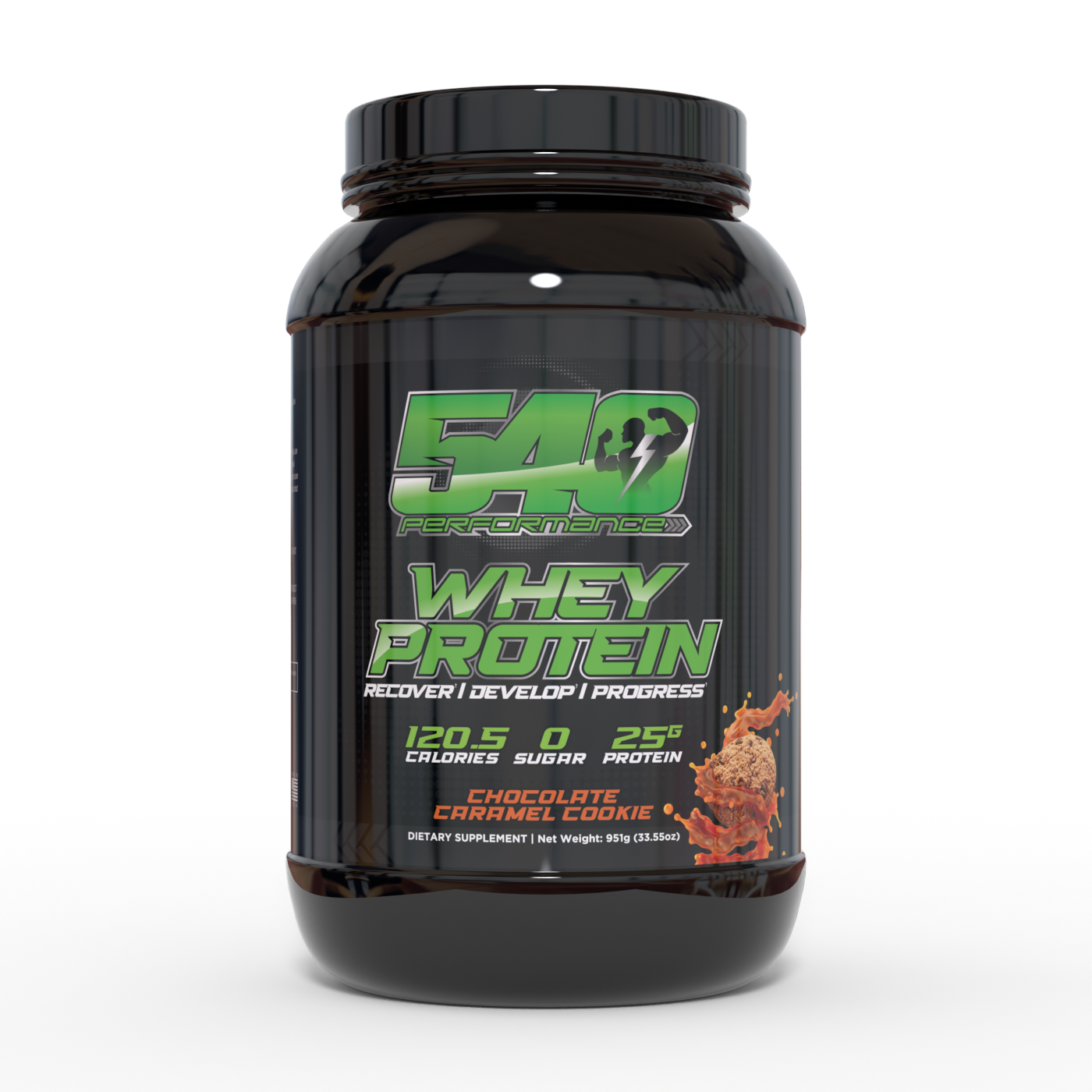 Black container with green text reading “540 performance whey protein” 