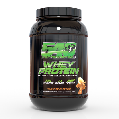 Black container with green text reading “540 performance whey protein” 